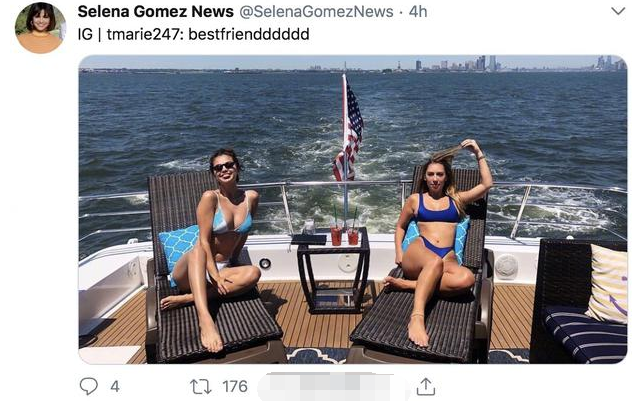 “赛琳娜新闻”官方推特表示，当比伯和海莉订婚后，赛琳娜正在和朋友们在纽约的一艘游艇上度假